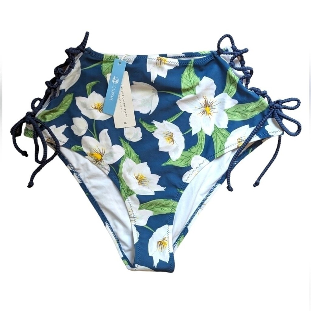 NEW Cupshe High Waist Bikini Bottom Swim Women's XL Blue‎ White Green Floral